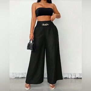 Black Wide-Leg Pants with Gold Accent